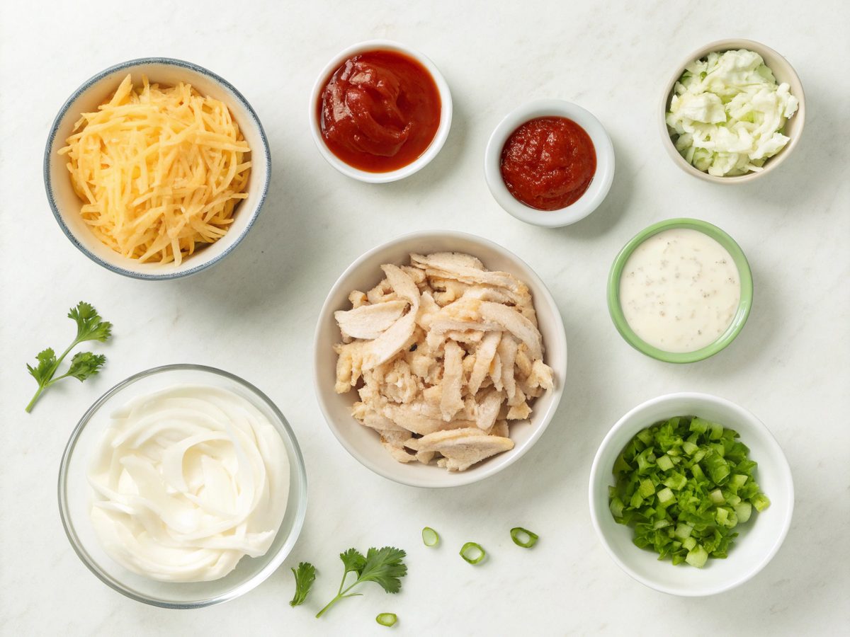All ingredients needed for buffalo chicken dip recipe laid out on a counter.
