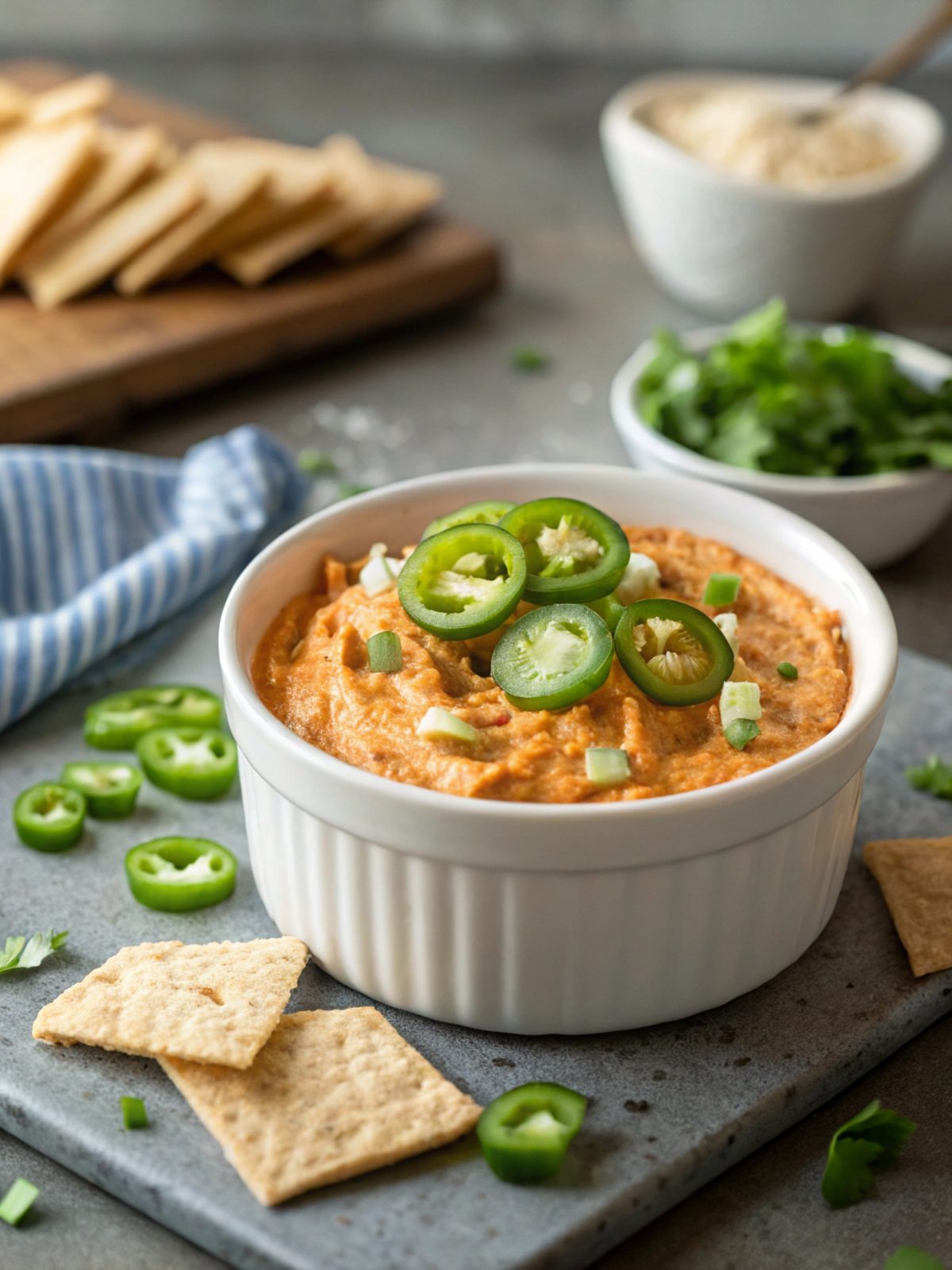 Close-up image of a creamy, cheesy Buffalo Chicken Dip.