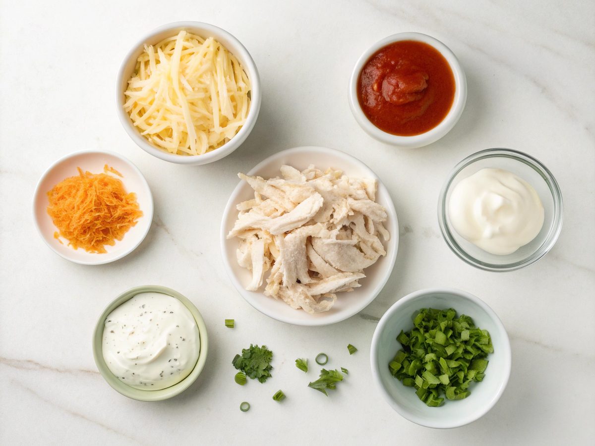 Flat lay of ingredients for making Buffalo Chicken Dip Tailgate Recipe