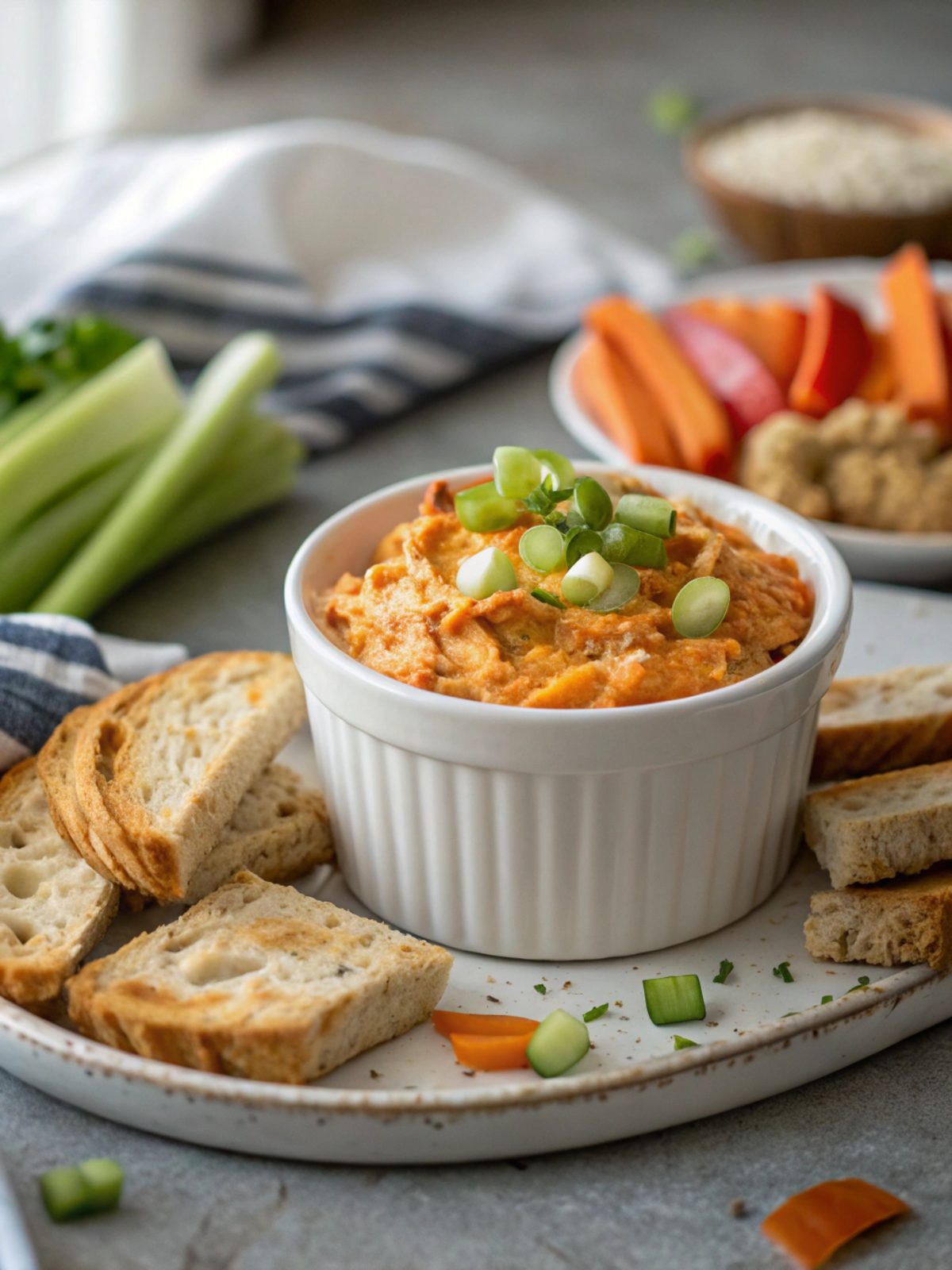 Delicious buffalo chicken dip, perfect for tailgates, served with garnishes.
