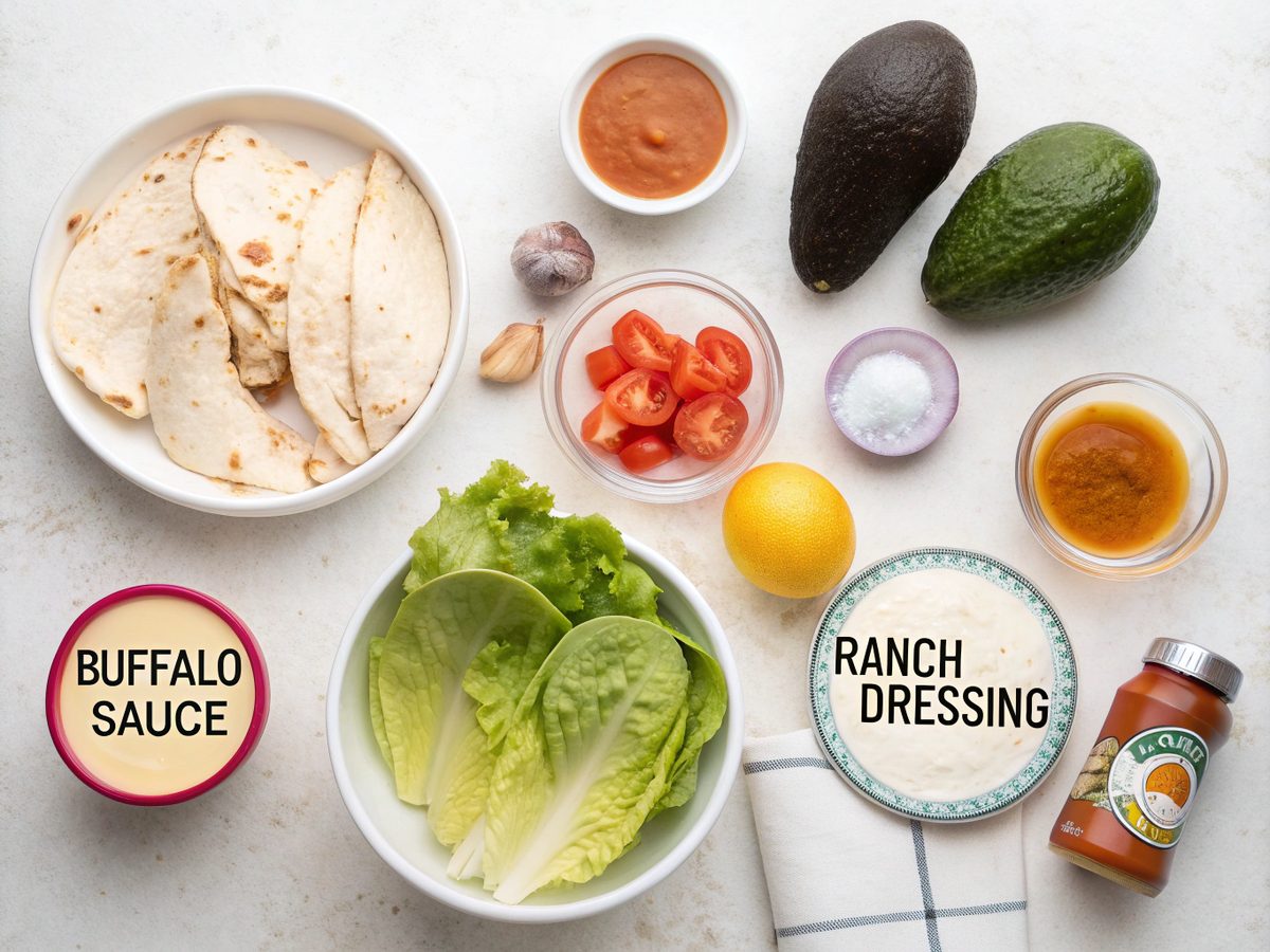 Illustration showing ingredients for Buffalo Chicken Wraps Recipe