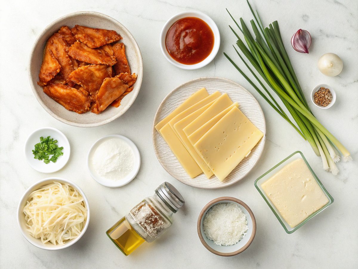 Ingredients arranged for making buffalo ranch chicken lasagna
