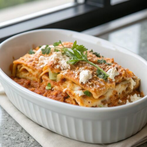 Close-up of delicious buffalo ranch chicken lasagna