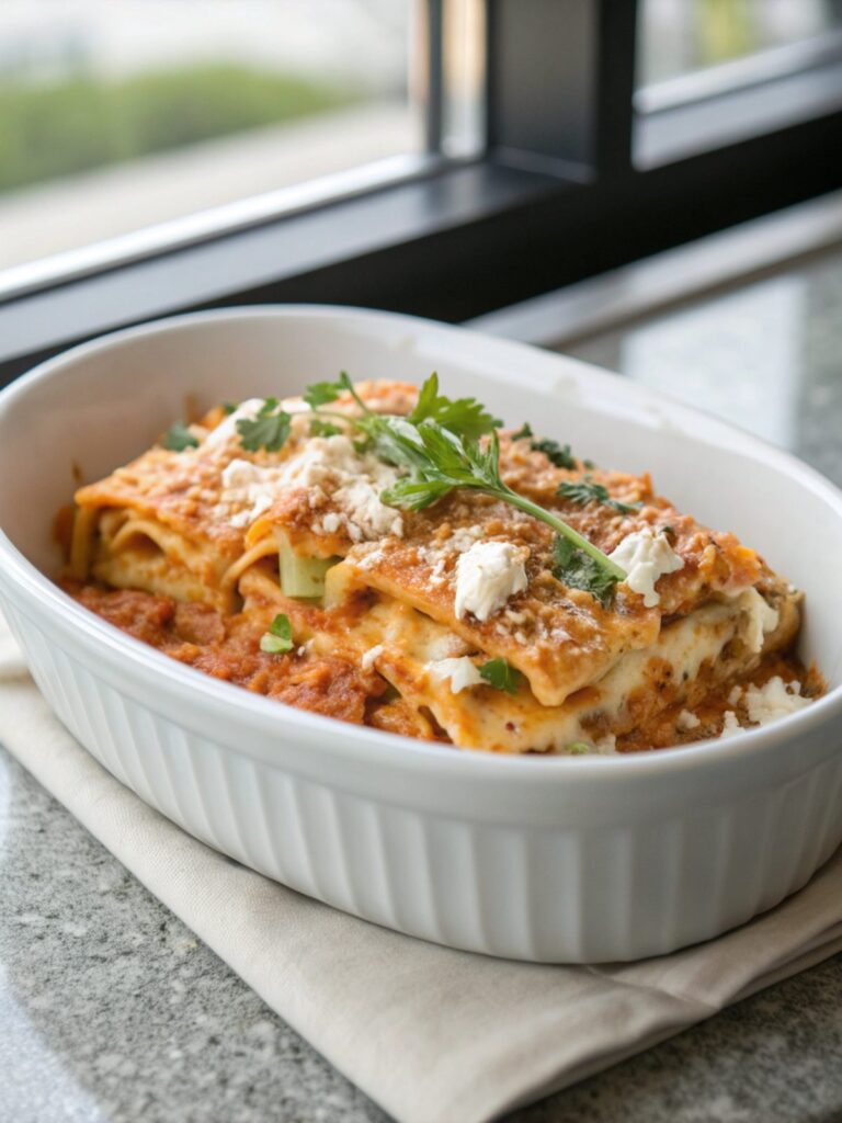 Close-up of delicious buffalo ranch chicken lasagna