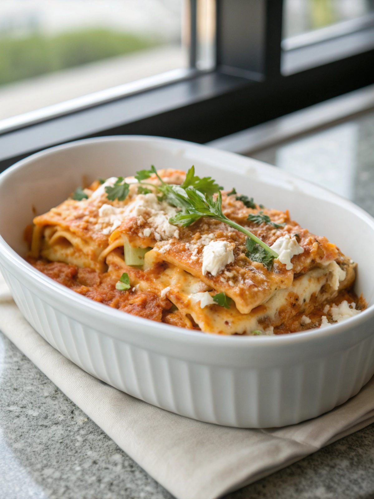 Close-up of delicious buffalo ranch chicken lasagna
