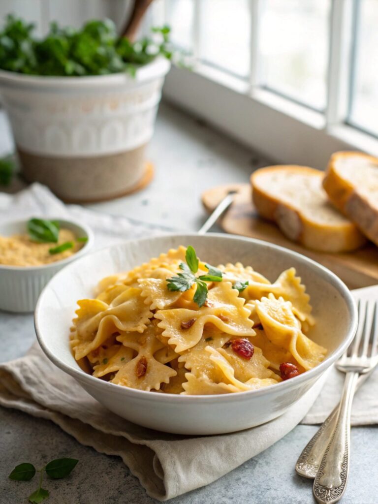 Cajun Alfredo Bowtie Pasta served freshly cooked