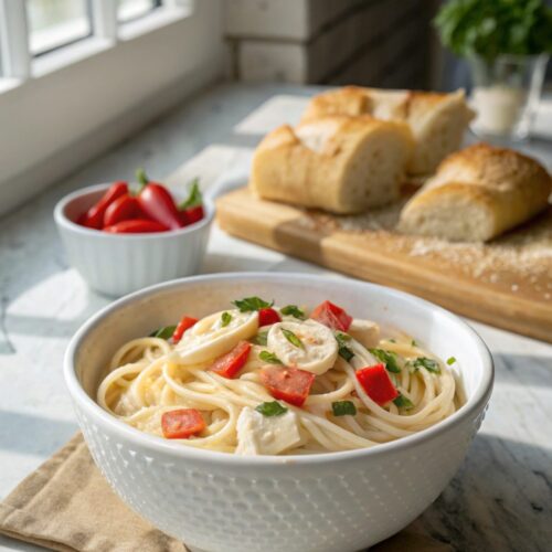 Cajun Cream Cheese Alfredo served close-up in a white bowl, with fresh garnish.