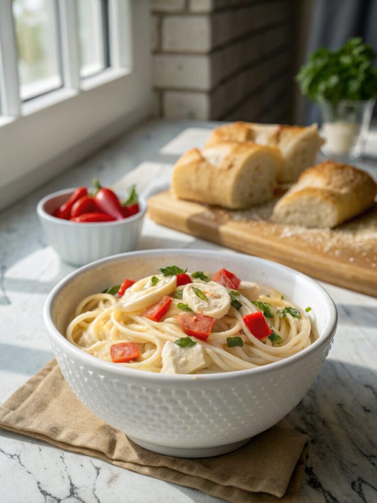 Cajun Cream Cheese Alfredo served close-up in a white bowl, with fresh garnish.