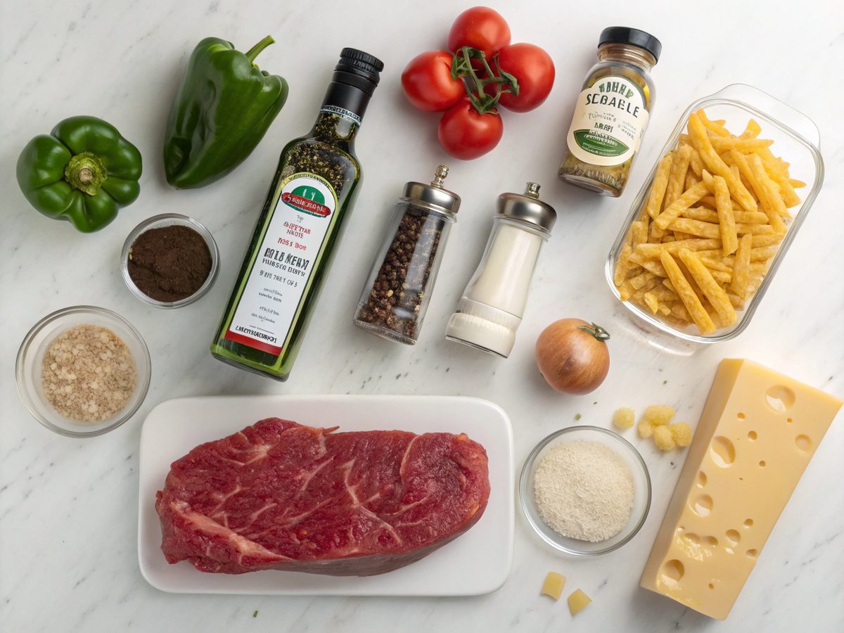 A vibrant flat lay illustration of Cajun Steak Rigatoni ingredients.