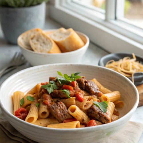 SEO-friendly alt text showing Cajun Steak Rigatoni in an appealing arrangement.