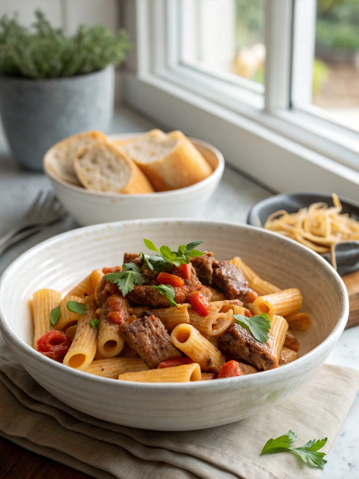SEO-friendly alt text showing Cajun Steak Rigatoni in an appealing arrangement.