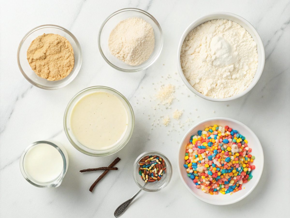 A visual of all the ingredients needed for making cake batter protein pudding.