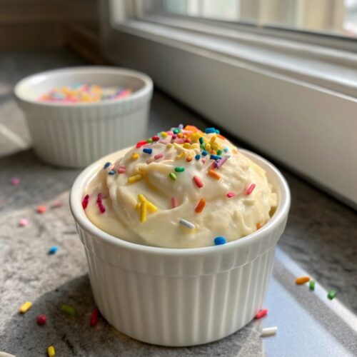 Delicious bowl of Cake Batter Protein Pudding with vibrant sprinkles on top