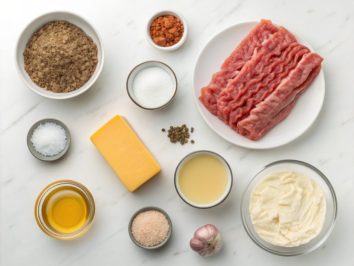 Ingredients for making Carnivore Diet Bacon Cheeseburger Soup.