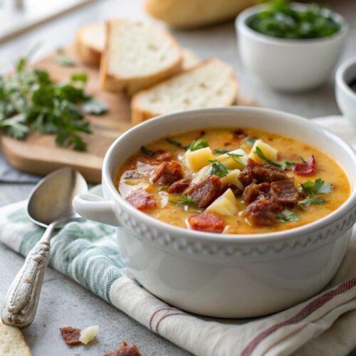 Hearty Carnivore Diet Bacon Cheeseburger Soup served hot