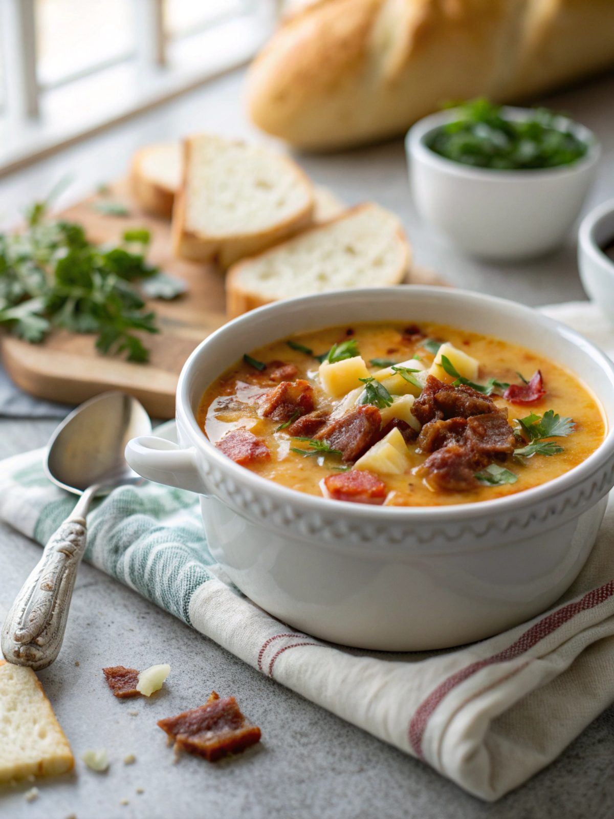Hearty Carnivore Diet Bacon Cheeseburger Soup served hot