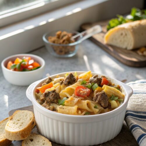 Cattle Drive Casserole served on a white plate with vibrant toppings.