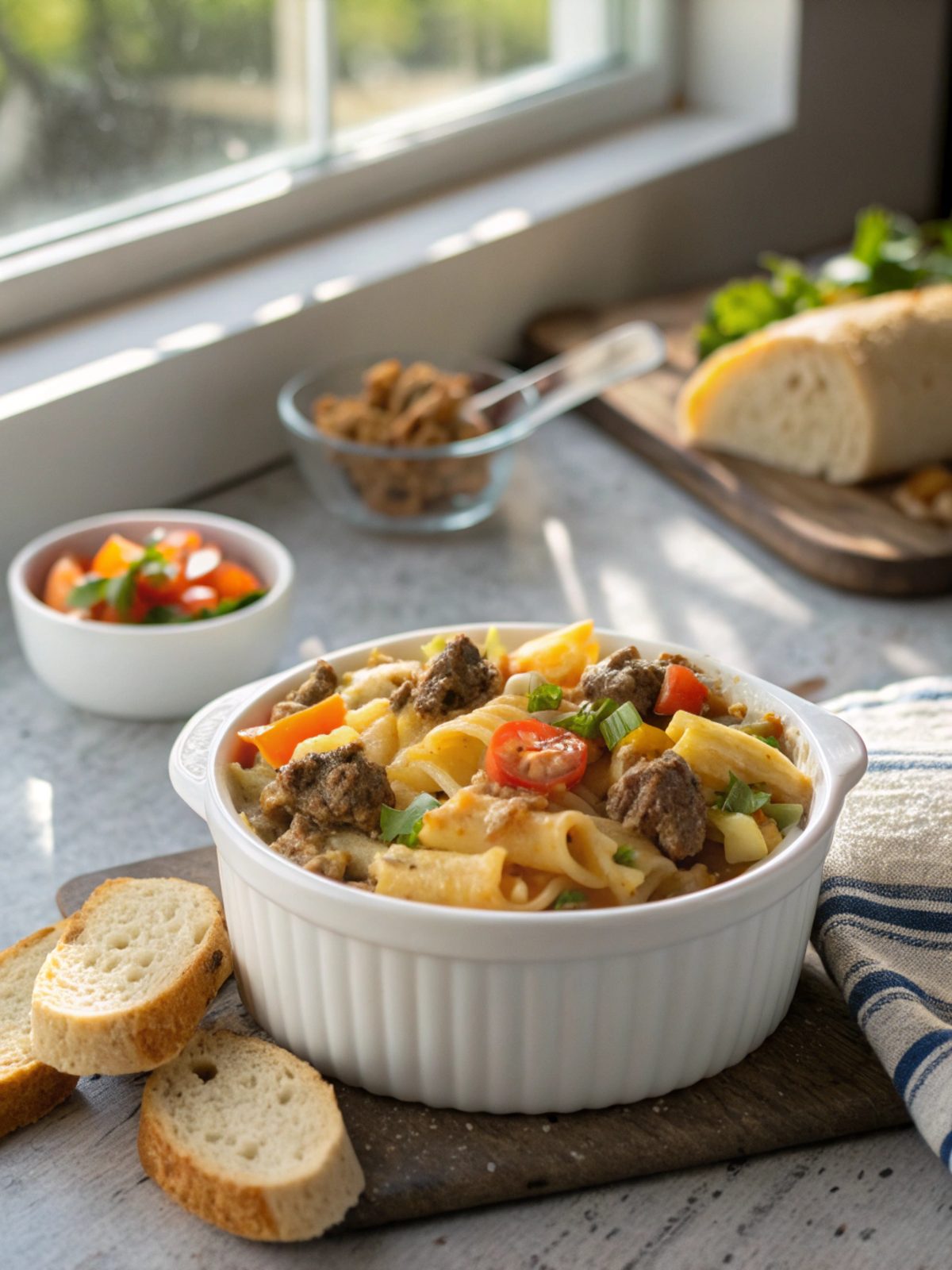 Cattle Drive Casserole served on a white plate with vibrant toppings.
