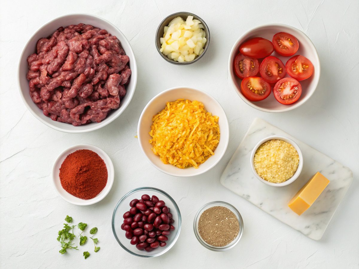 A visual display of ingredients for cattle drive casserole, including beef, onions, and cheese.