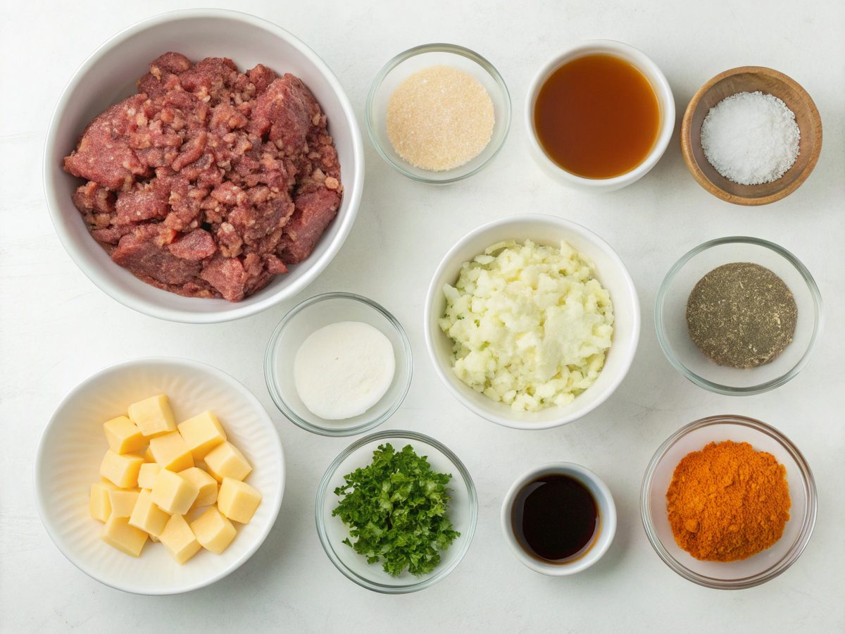 Flat lay of Cheddar Bay Beef Cobbler ingredients