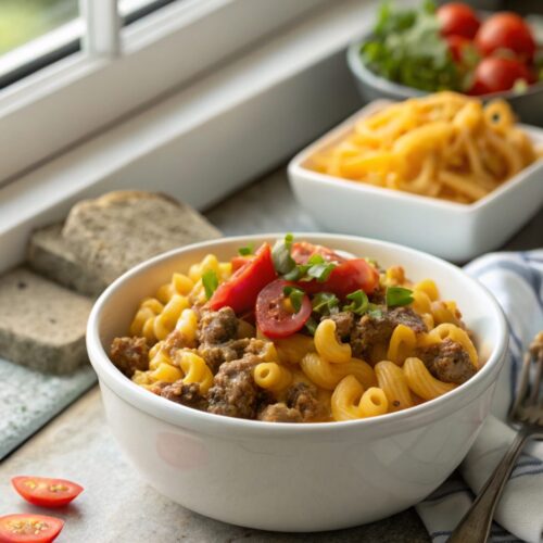 Delicious Cheddar Cheese Hamburger Helper close-up, warm and inviting.