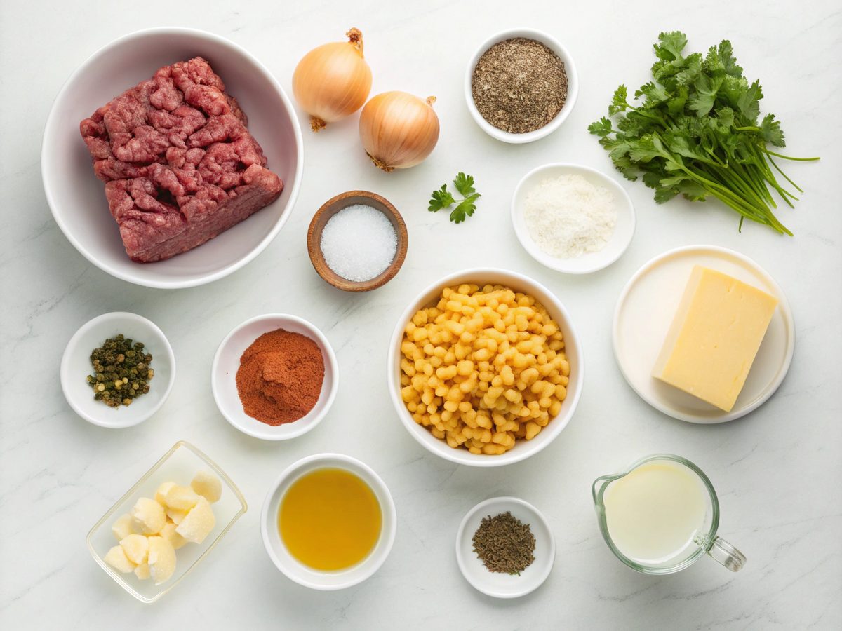 Ingredients needed for making cheddar cheese hamburger helper at home.