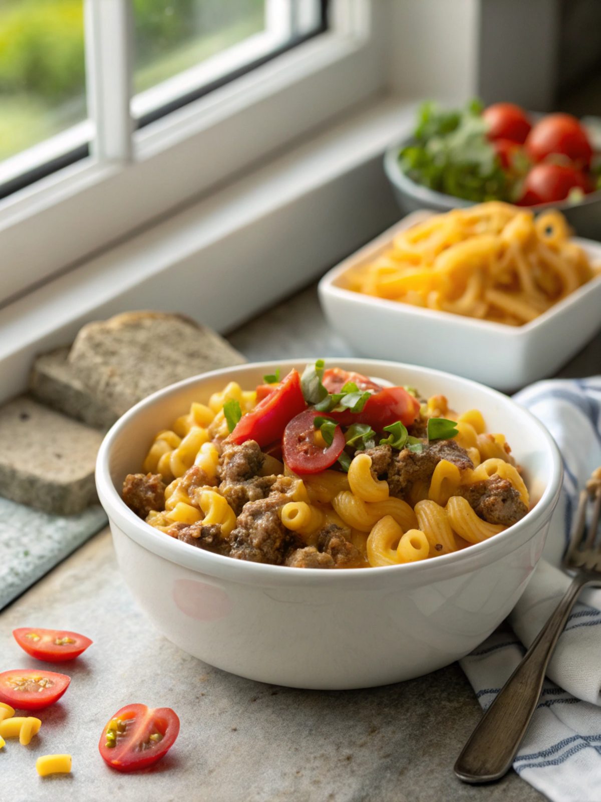 Delicious Cheddar Cheese Hamburger Helper close-up, warm and inviting.