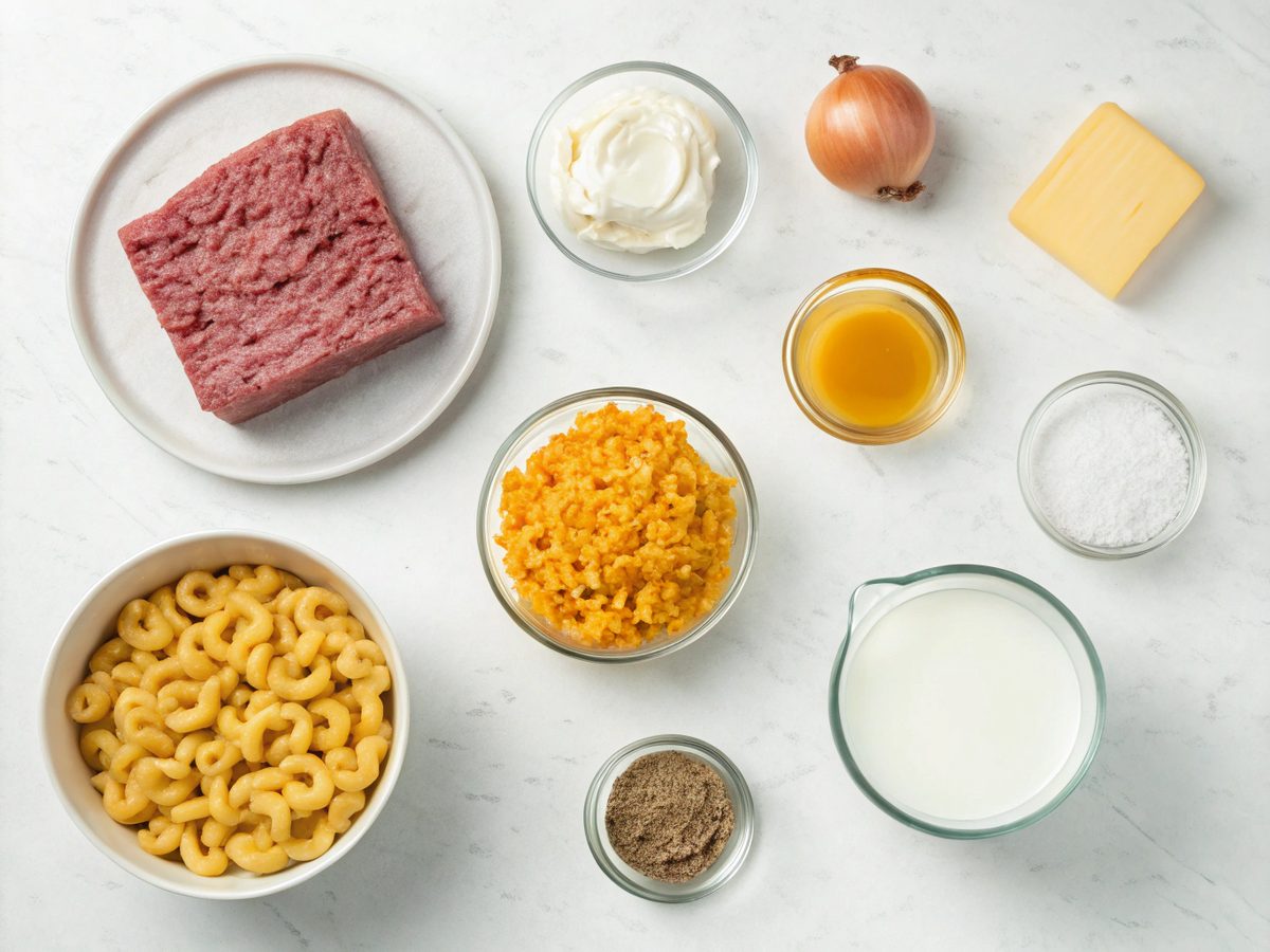 Ingredients for Cheeseburger Hamburger Helper Recipe laid out on a table.