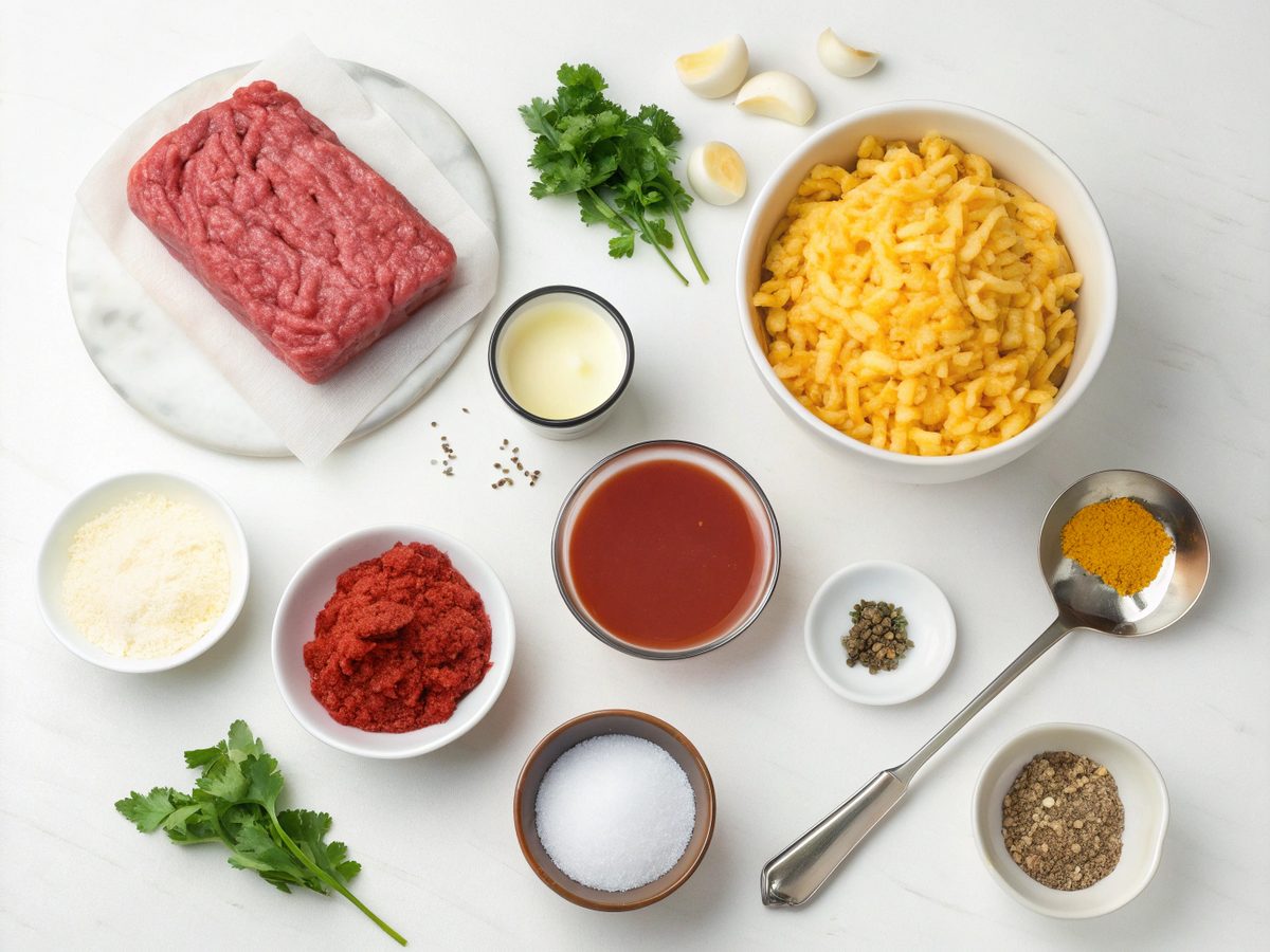 Flat lay of ingredients for cheeseburger macaroni soup including beef, cheese, and pasta.