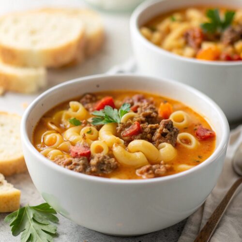 Delicious and hearty cheeseburger macaroni soup served in a bowl.