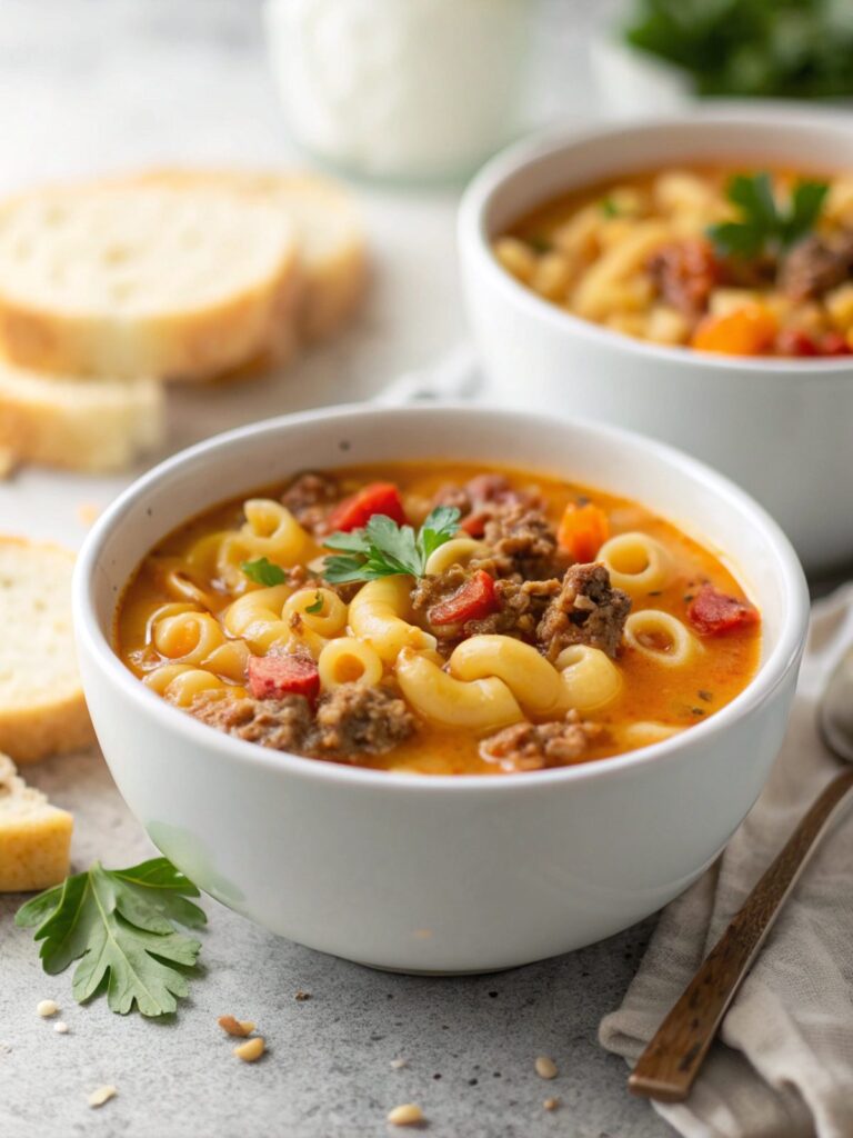 Delicious and hearty cheeseburger macaroni soup served in a bowl.