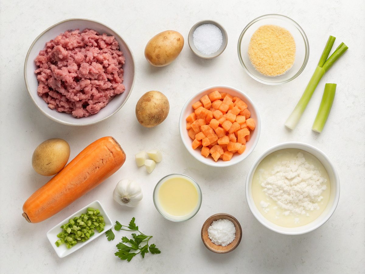 Flat lay image of cheeseburger soup ingredients