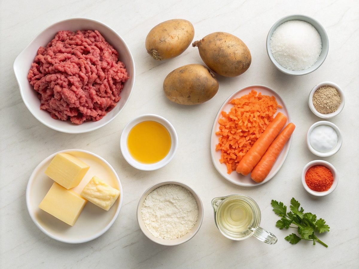 Visual layout of ingredients for cheeseburger soup recipe