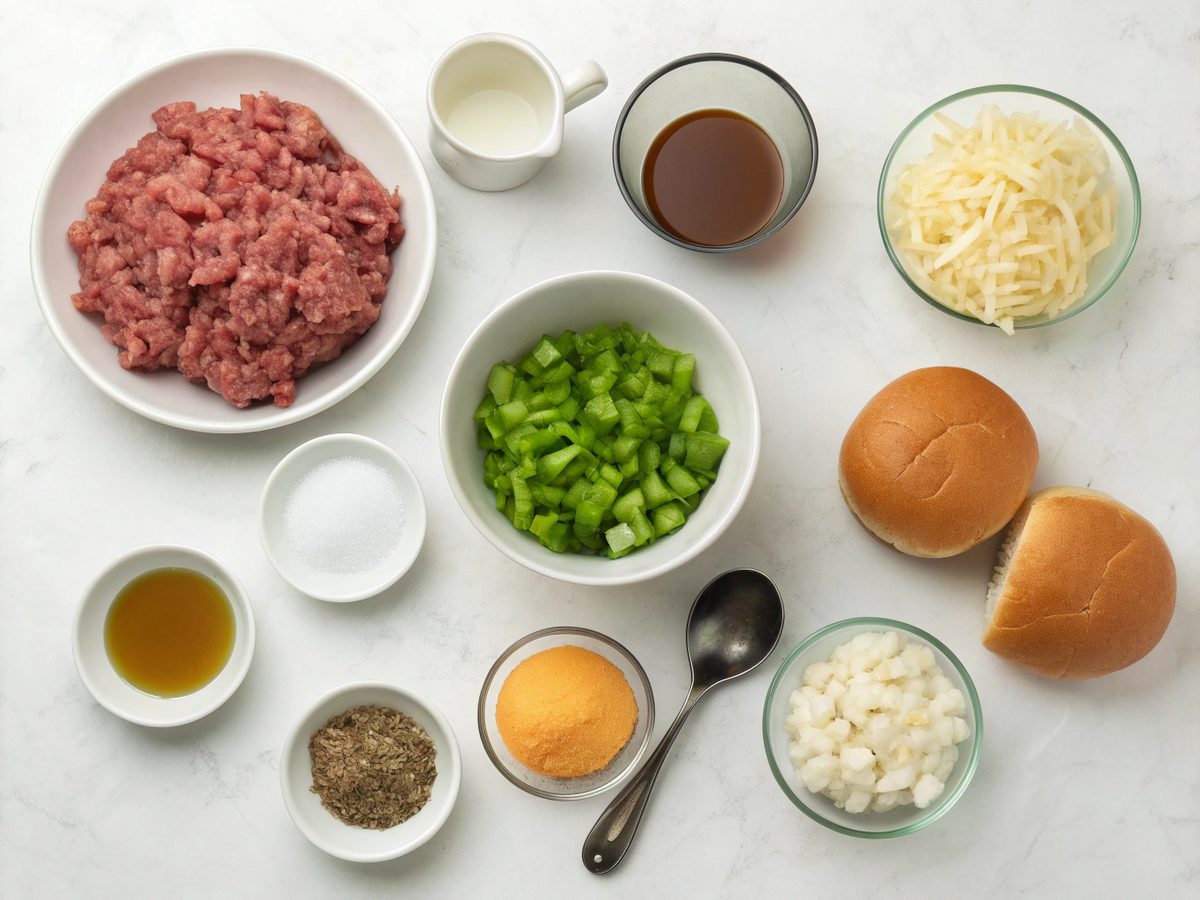 Ingredients for Cheesesteak Sloppy Joes, including ground beef, bell pepper, onion, provolone cheese, and more.
