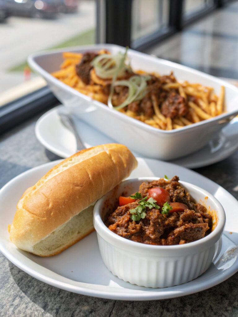 Cheesesteak Sloppy Joes served on a white plate, topped with fresh greenery.