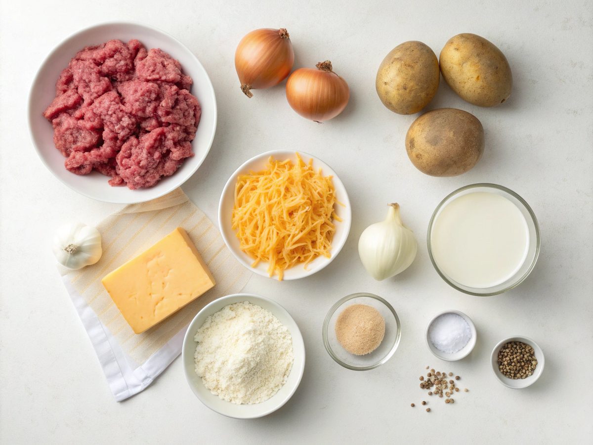 Flat lay of Cheesy Beef Potato Casserole ingredients including beef, potatoes, cheese and more.