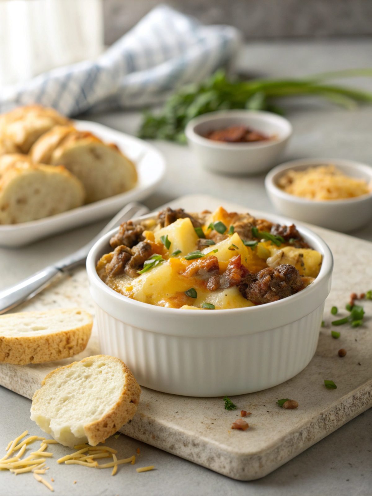 The finished Cheesy Beef Potato Casserole with a golden cheese top.