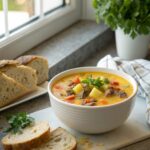 Featured image of Cheesy Beef Potato Soup served in a bowl