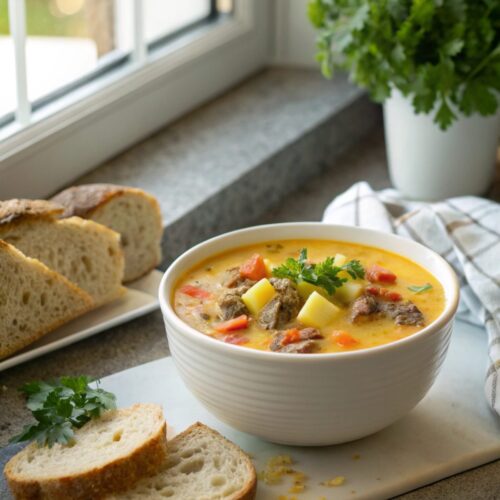 Featured image of Cheesy Beef Potato Soup served in a bowl