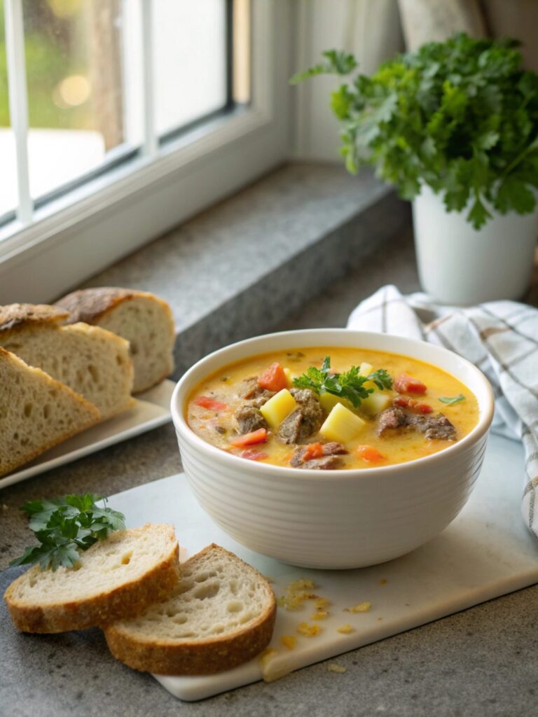 Featured image of Cheesy Beef Potato Soup served in a bowl