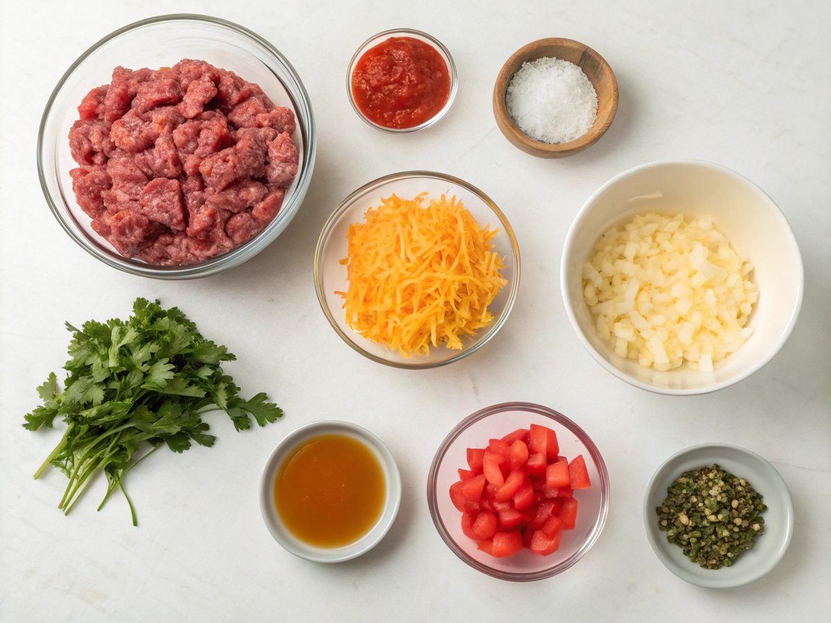 Ingredients for making a cheesy beef skillet dinner laid out neatly.