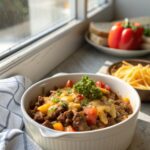 Cheesy Beef Skillet Dinner in a serving bowl with fresh garnish
