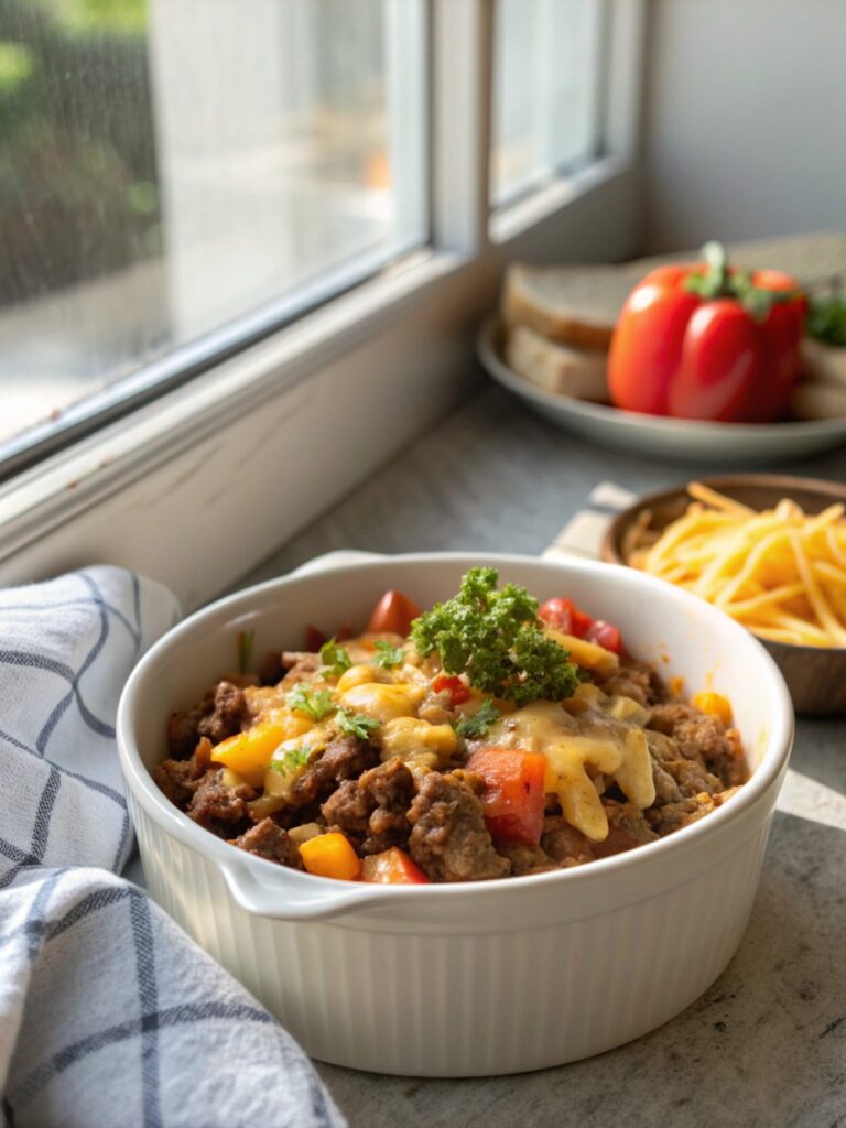 Cheesy Beef Skillet Dinner in a serving bowl with fresh garnish