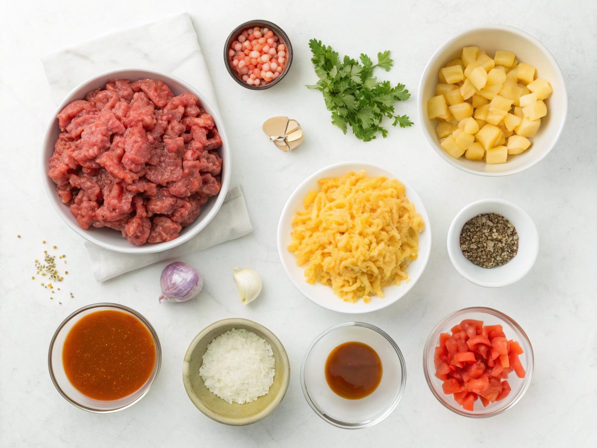 Ingredients for making cheesy beef skillet pasta laid out on a kitchen counter.
