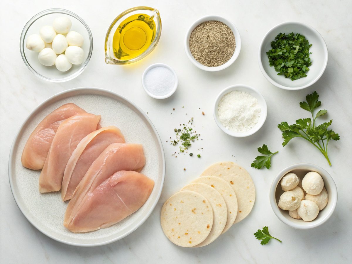 Ingredients for cheesy garlic chicken wraps laid out on a kitchen counter