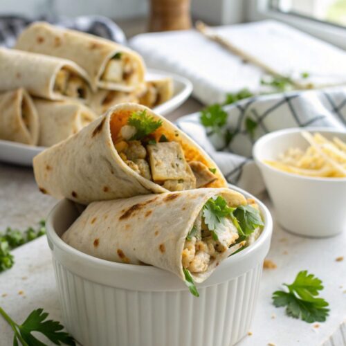 Mouth-watering close-up of Cheesy Garlic Chicken Wraps, highlighting melted cheese and golden tortillas