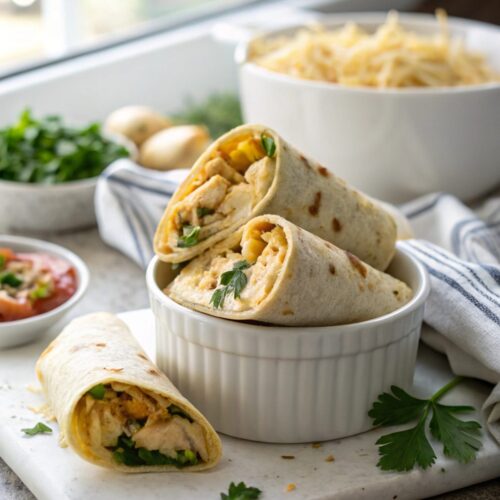 Close-up view of cheesy garlic chicken wraps ready to serve