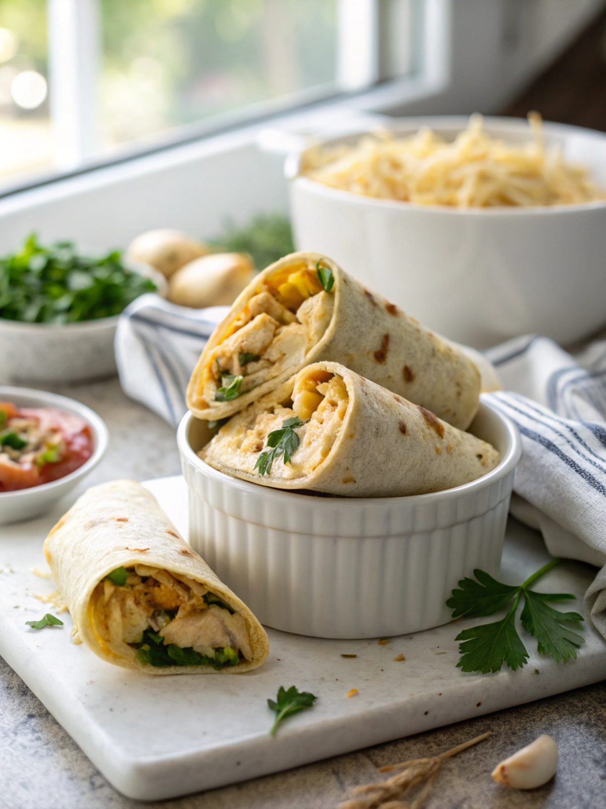 Close-up view of cheesy garlic chicken wraps ready to serve
