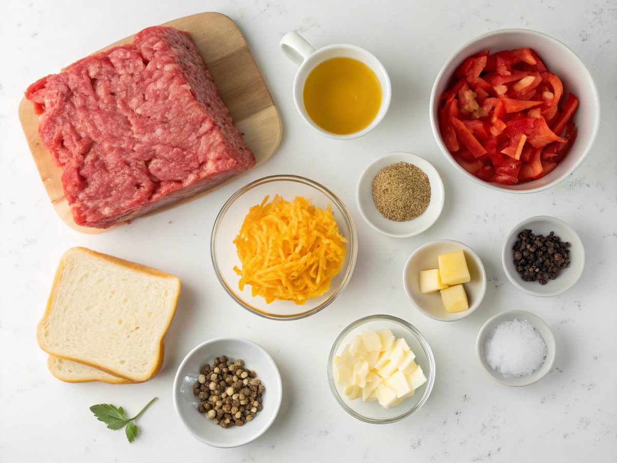 Ingredients for a cheesy ground beef melt laid out on a kitchen counter