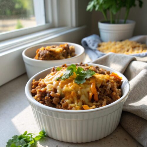 SEO-friendly alt text describing the presentation of Cheesy Ground Beef Rice Casserole